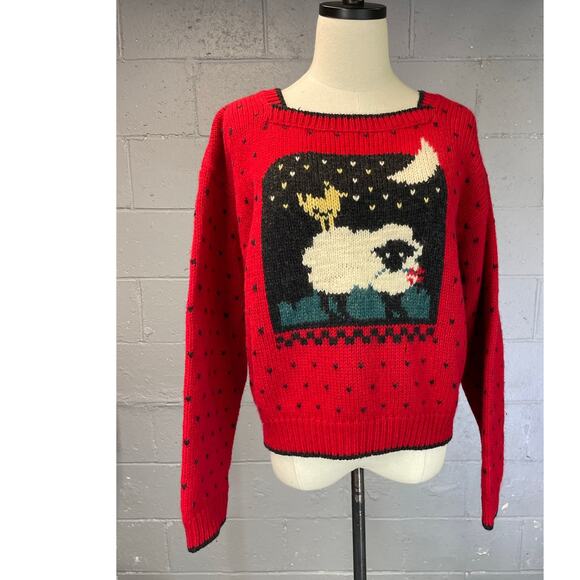 Vintage Woolrich Sheep Moon Novelty Knit Wool Sweater Red Black Medium Large - Picture 2 of 13